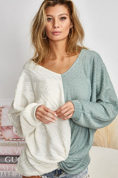 BiBi Twist Front Contrast Cable Knit Top