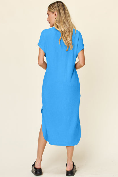 Double Take Full Size Round Neck Short Sleeve Slit Dress