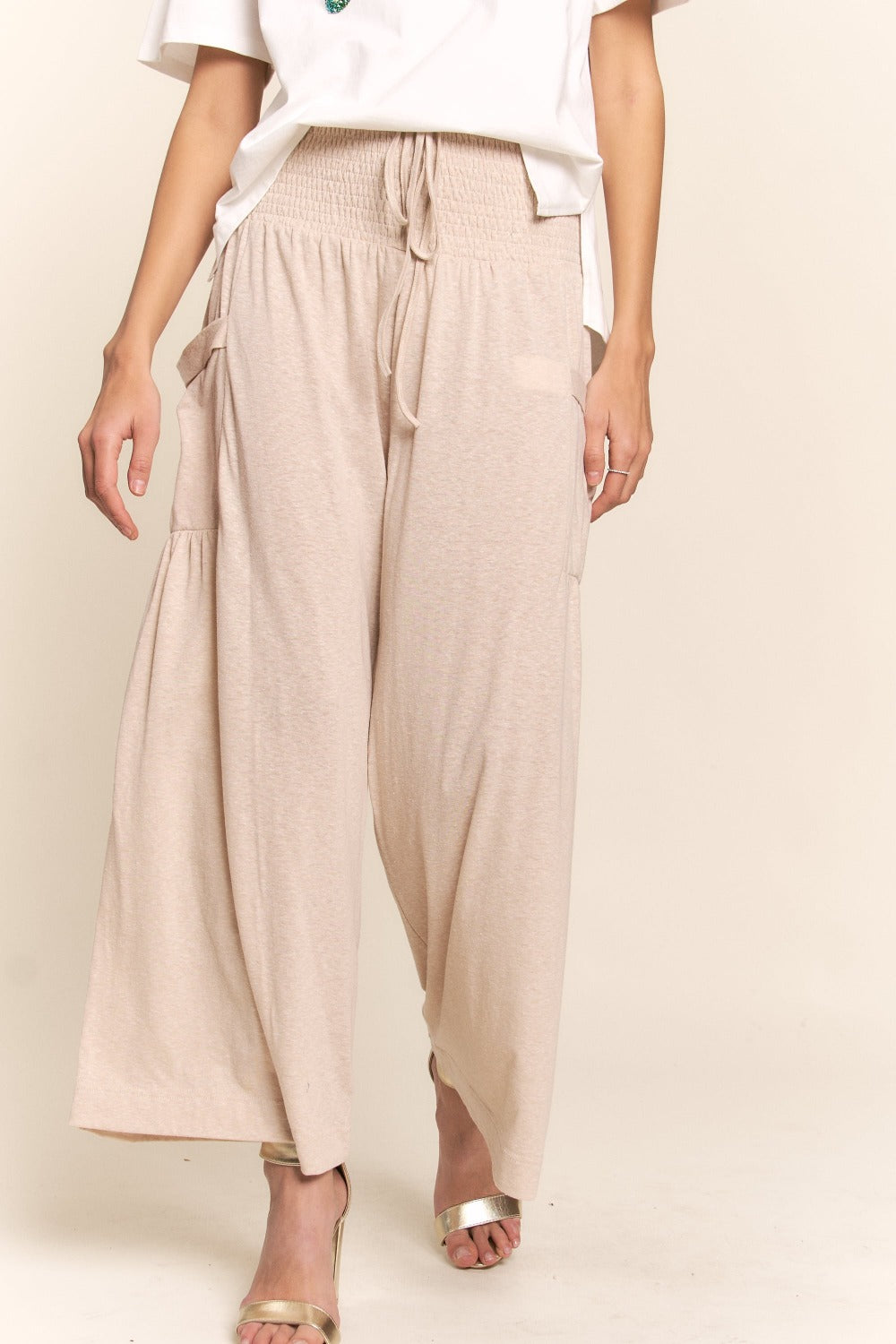 J.NNA Smocked Waist Boho Wide Leg Pants with Pockets