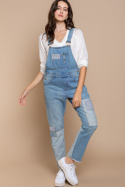 POL Front Chest Zipper Slim Leg Denim Overalls