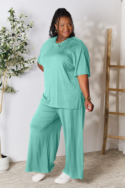 Double Take Full Size Round Neck Slit Top and Pants Set