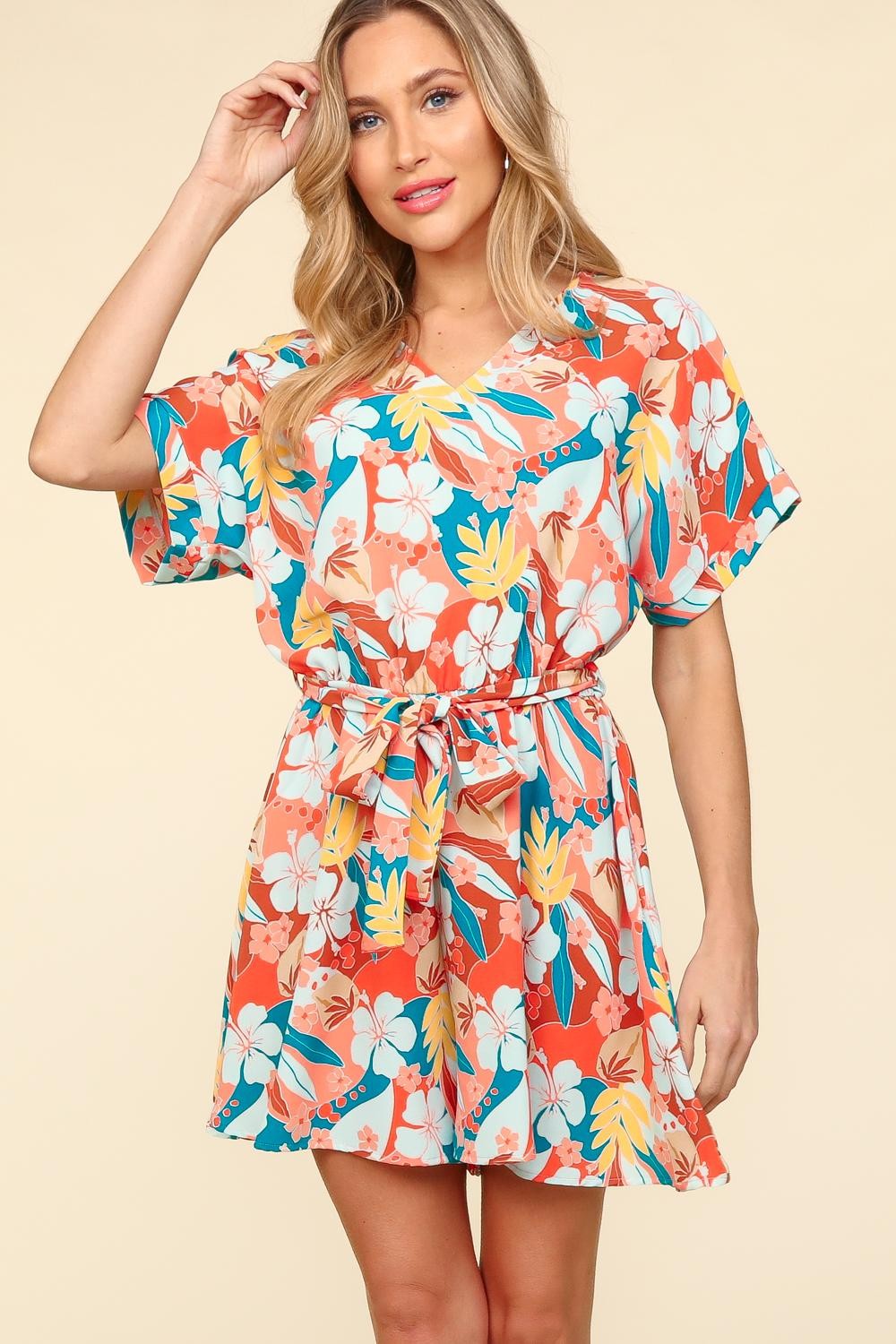 Haptics Tropical Floral Short Sleeve Tied Romper