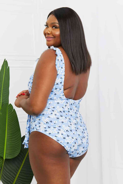 Marina West Swim Traje de baño de una pieza de tamaño completo con volantes y flotador sintético en azul flor